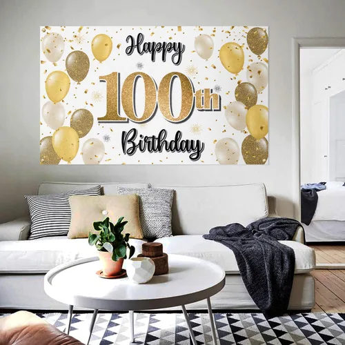 Miniatura 4 de Decoraciones de Feliz Cumpleaños 100, Globo Dorado Grande 100 Pancarta de Cumpleaños Telón de Fondo Letrero - Salud por 100 Años Suministros