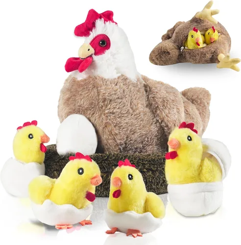 Miniatura 14 de Juego de peluche de pollo 9 en 1, juguete de peluche de pollo para niños, gallina ponedora de huevos con cremallera, pollos y huevos, juguetes