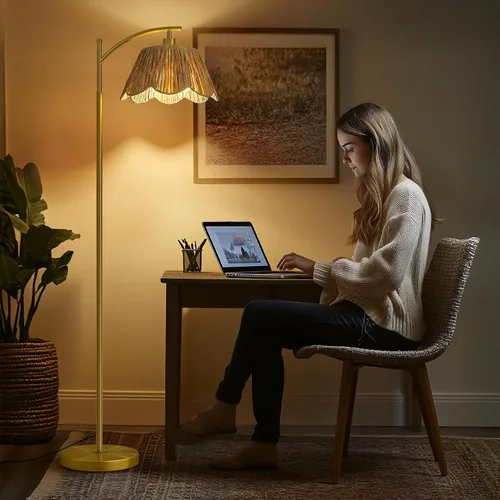 Miniatura 3 de Oneach Lámpara de pie arqueada para sala de estar, lámpara de pie de ratán boho con pantalla tejida a mano, interruptor a pedal, base y poste de Oro