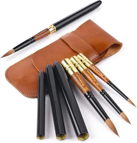 Pinceles de acuarela para viajes, Fuumuui 3 piezas Plein Air elegantes pinceles Sable para acuarela con estuche de cuero de bolsillo, perfectos para
