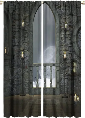 Miniatura 54 de Cortinas góticas con diseño de luna de Halloween, historia, puerta espeluznante, fondo de terror, vela, ficción, patrón de impresión, sala de estar