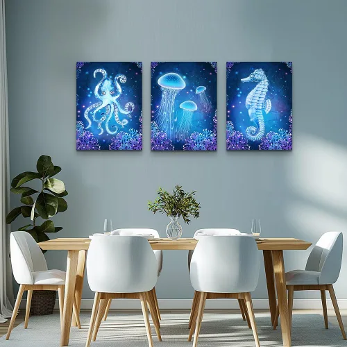 Miniatura 7 de Lienzo con temática de vida oceánica azul, pinturas artísticas de pared para sala de estar, obras de arte de pared, animales marinos, caballo