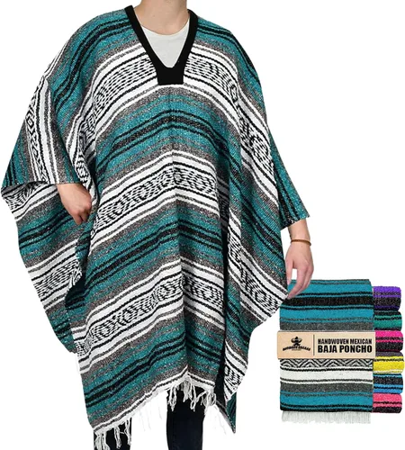 Miniatura 31 de Artisans Bazaar Poncho tradicional mexicano de Baja para hombres y mujeres, auténtico sarape de Gaban, manta de vaquero Pancho Jorongo