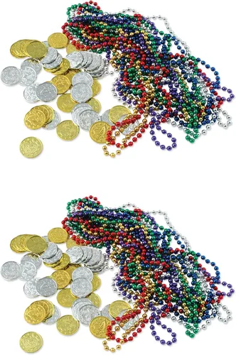 Miniatura 10 de Beistle 100 monedas de plástico en relieve de plata para casino occidental y tema pirata, recuerdos de fiesta del cofre del tesoro, 1.5 pulgadas