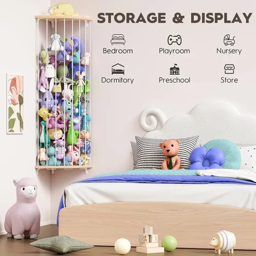 Miniatura 6 de Zoológico de almacenamiento de animales de peluche de esquina, organizador grande ajustable de juguetes de felpa de madera maciza, estante colgante