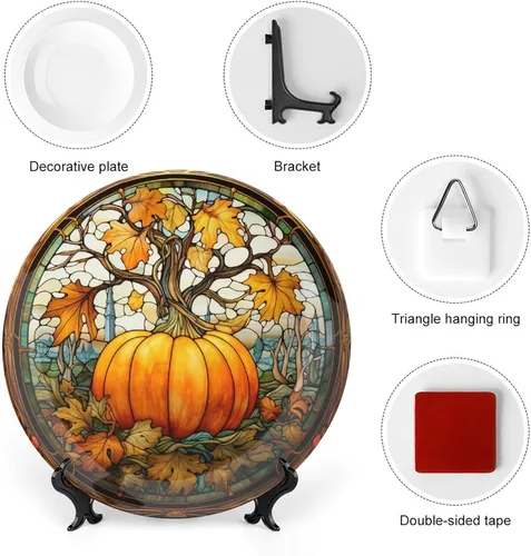 Miniatura 3 de Platos decorativos, diseño de vitrales, plato de exhibición de calabaza y arce de otoño para el hogar, oficina, cocina, decoración de mesa, platos
