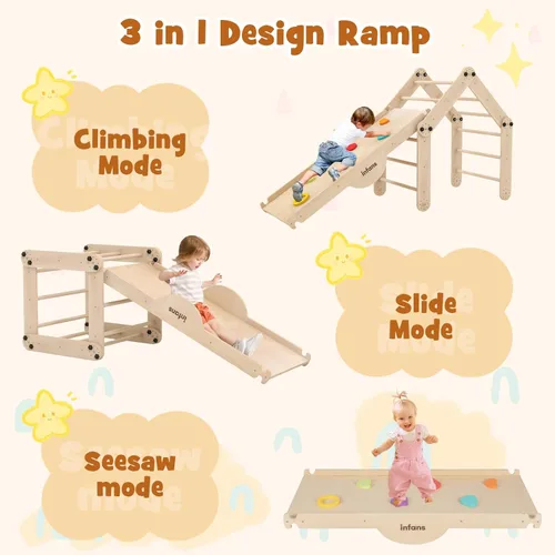 Miniatura 4 de INFANS Juguetes de Escalada 7 en 1 para Niños Pequeños, Set de Escalador de Cubo Montessori de Madera Mejorado con Rampa Reversible, Tobogán