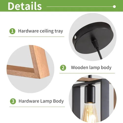 Miniatura 4 de Lámpara colgante estilo granja, luces colgantes negras para isla de cocina, luz colgante de metal industrial y madera vintage, lámpara de techo