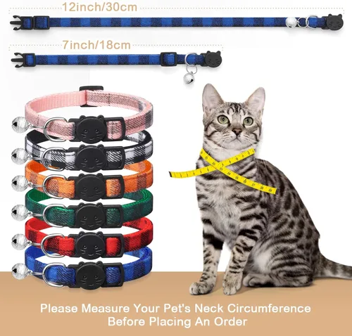 Miniatura 4 de Paquete de 6 collares clásicos a cuadros para gatos con campanas, collar de gatito separable y ajustable de 6 a 9 pulgadas, lindo collar de gatito