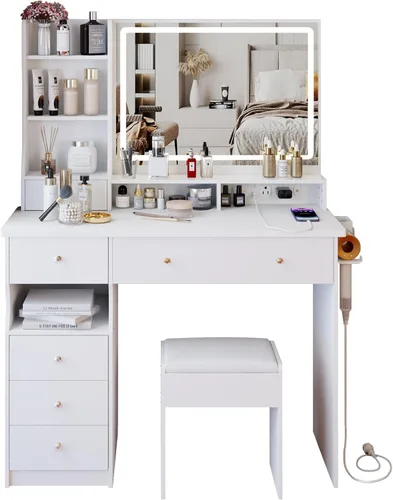 Miniatura 8 de Escritorio de tocador con espejo y luces, tocador de maquillaje con toma de corriente, estante para secadora de pelo, 6 cajones y estantes