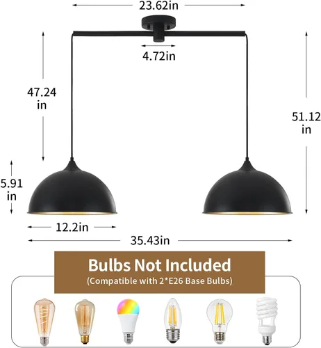 Miniatura 2 de Luces Colgantes para Isla de Cocina, Paquete de 2 Lámparas Colgantes de Cúpula Negras y Doradas, Accesorios de Iluminación Industrial Vintage, Negro