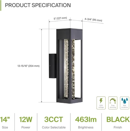 Miniatura 2 de ASD Lámpara LED de pared de vidrio de burbujas de 14 pulgadas 12 W, 300 lúmenes, 3000 K, 5000 K, 120 V, 3CCT, impermeable, regulable
