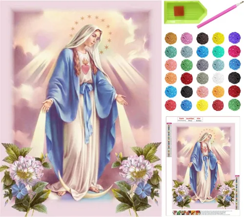 liziciti Kit de pintura de diamantes de la Virgen María 5D para bricolaje, imágenes de flores madre de resina para decoración de pared del hogar,