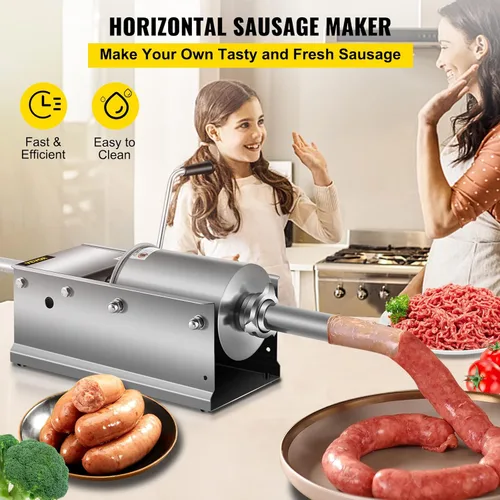 Miniatura 2 de Happybuy Embutidora de salchichas horizontal 3L/7 libras, máquina manual de embutido con 5 boquillas de relleno, máquina de relleno de salchichas