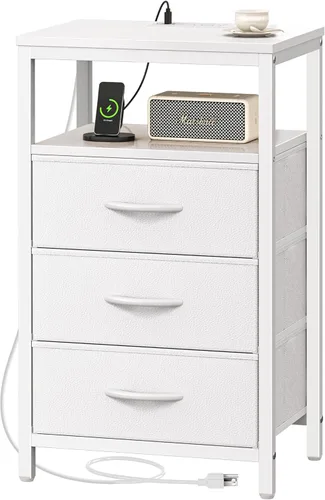 Miniatura 19 de Huuger Cómoda blanca con 5 cajones y estación de carga, cómoda alta para dormitorio, mesita de noche alta con acabado de piel sintética, estante