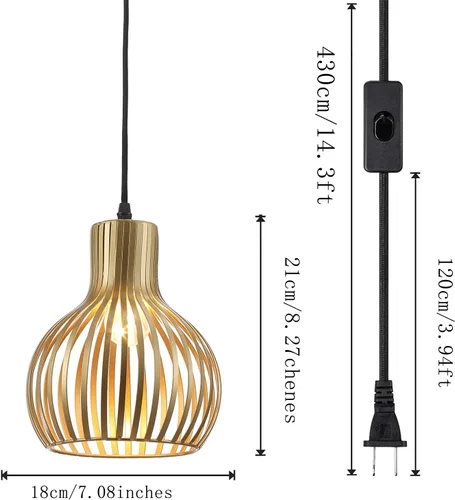 Miniatura 2 de Lámpara colgante con enchufe, lámpara colgante industrial de metal dorado vintage con cable de 14.3 pies e interruptor de encendido/apagado