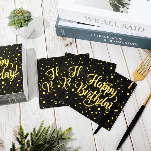 Miniatura 4 de JarThenaAMCS 80 servilletas de feliz cumpleaños, servilletas de cóctel con puntos negros y dorados, servilletas de papel desechables para fiestas