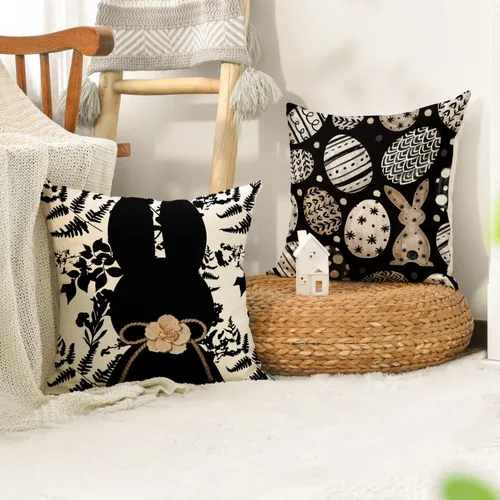 Miniatura 5 de AVOIN colorlife Juego de 4 fundas de almohada negras de 16 x 16 pulgadas con diseño de conejo de Pascua Happy Easter Be Hoppy Rabbit