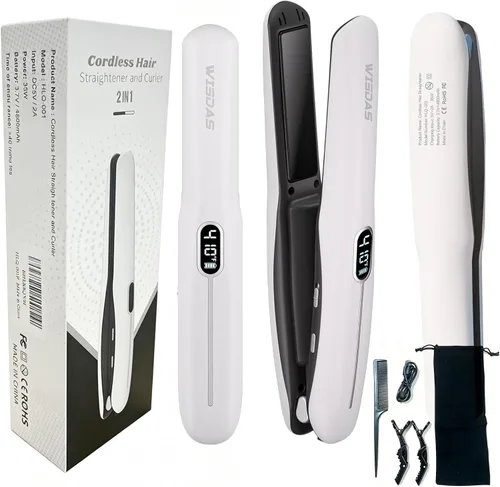 Miniatura 10 de Cepillo alisador de pelo inalámbrico, mini plancha plana recargable con control digital de temperatura (320-410°F), placas de titanio no dañadoras