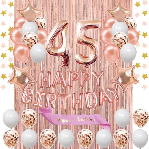 Fancy partyshop - Decoraciones de cumpleaños número 45, pancarta y banda de feliz cumpleaños de color oro rosa con globos del número 45, globos de