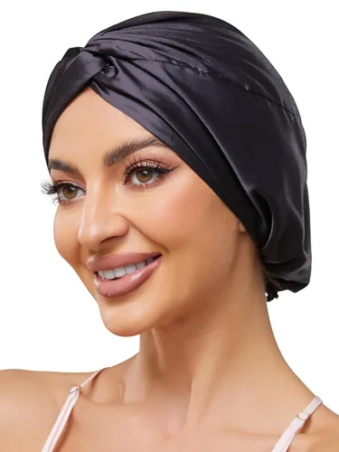 Miniatura 16 de Gorro de satén de seda ajustable para envolver el cabello para dormir, gorro de dormir de doble capa, turbante nocturno para cabello largo y rizado