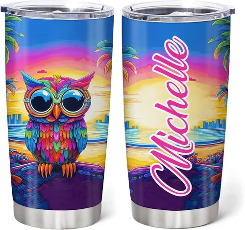 Miniatura 10 de Hyturtle Vaso Personalizado para Amantes de Búhos - Vaso de Café de Acero Inoxidable con Impresión de Búhos y Nombre Personalizado 590 ml con Tapa