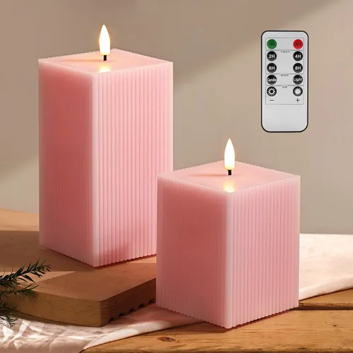 Miniatura 10 de Velas sin Llama Acanaladas Verde Oscuro con Control Remoto, Velas LED Cuadradas a Batería Juego de 2 Φ 3" H 4" 6