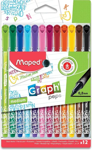 Maped - Graph'Peps - Bolígrafos de fieltro triangulares de punta media de 0.031 in - Paquete de 12 - Escritura y dibujo - Punta versátil de 0.031 in