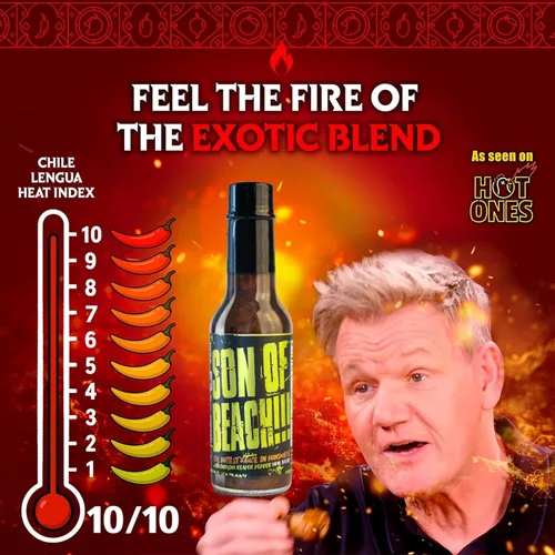 Miniatura 4 de Chile Lengua de Fuego ¡Son of Beach! Salsa picante – 1 botella – Carolina Reaper, ajo ahumado y Scotch Bonnet – calor extremo, lote pequeño, salsa
