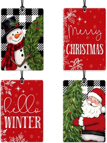 Miniatura 8 de Ambientador de coche de Navidad, 4 unidades, accesorios de automóvil de muñeco de nieve de Navidad azul para mujeres, ambientador colgante de granja