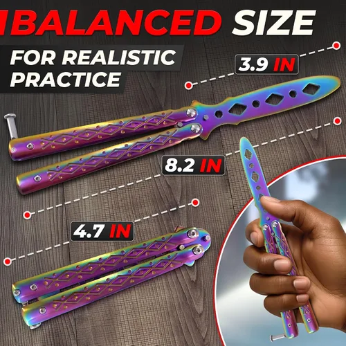 Miniatura 2 de Rainbow - Cuchillo de mariposa de práctica de 8.2 pulgadas con hoja embotada, cuchillo de mariposa de entrenamiento de metal con asas fuertes