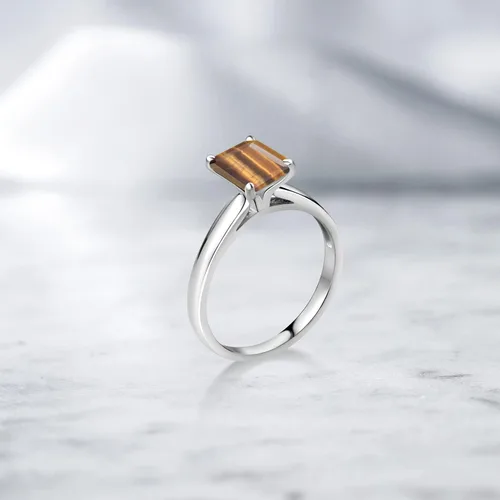 Miniatura 4 de Gem Stone King Anillo de oro blanco de 10 quilates de ojo de tigre marrón de corte esmeralda de 2.00 quilates