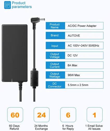 Miniatura 2 de ALITOVE Fuente de alimentación de 12 voltios 8A 96W Adaptador de CA 100-240V 50-60Hz a DC 12V Adaptador de fuente de alimentación 8Amp 6A 5A