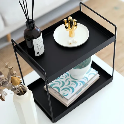 Miniatura 3 de Estantería de 2 niveles para baño, encimera de almacenamiento, organizador de cosméticos, soporte para especias de cocina, color negro.