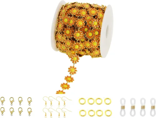 Miniatura 27 de Cadena de eslabones de girasol esmaltada hecha a mano con fornituras de latón chapado en oro para hacer joyas, máscara de vidrio, zapatos, Cc02