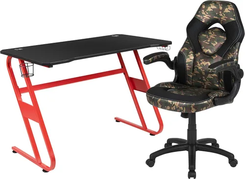 Miniatura 88 de Flash Furniture Juego de escritorio para juegos negro y silla de carreras blanco/negro con soporte para tazas, gancho para auriculares y soporte