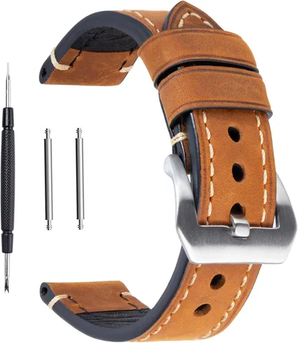 Marrón 0.866 in Cuero Genuino Reloj Banda de reloj de la vendimia bronceado aceite Correa de reloj para los hombres con hebilla de acero inoxidable