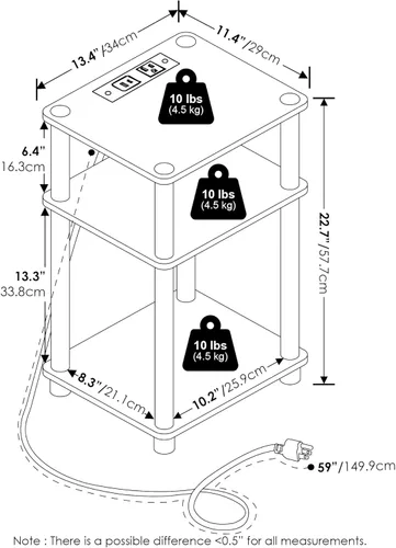 Miniatura 8 de Furinno JUST - Mesa auxiliar moderna de 3 niveles con estación de carga, mesita de noche de fácil montaje, mesita de noche con puerto USB y tipo C
