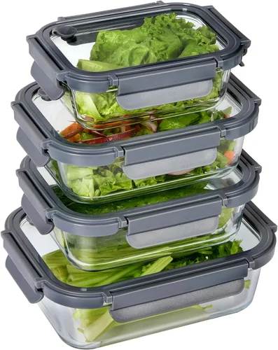 Contenedores de vidrio para almacenamiento de alimentos con tapas de vidrio, paquete de 4 recipientes de preparación de comidas con tapas