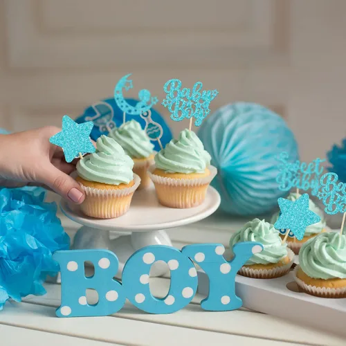 Miniatura 5 de Gyufise 24 piezas de adornos azules para cupcakes para bebé, con purpurina azul, estrellas, luna, dulce baby shower, niño, cupcakes para baby