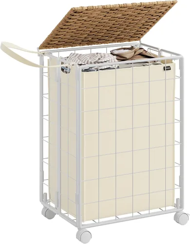 Miniatura 12 de SONGMICS Cesta de lavandería de 90 litros con tapa, cesta de ropa con ruedas, bolsa de forro extraíble plegable, clasificador de ropa hecho