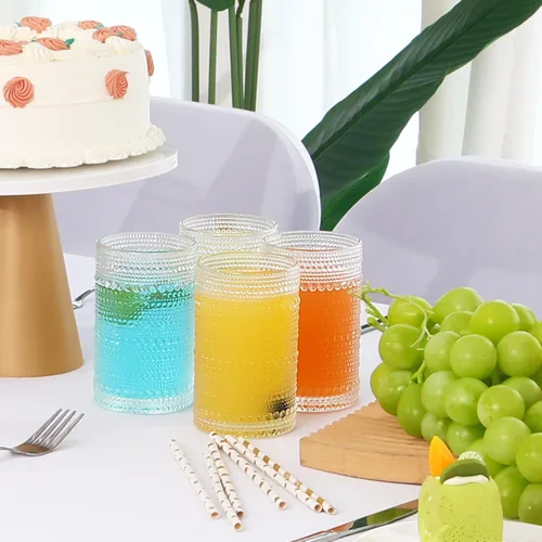 Miniatura 5 de Moretoes Juego de Vasos para Beber Hobnail de 12, Vasos Altos de 12 Oz Transparentes con Relieve Embosado Estilo Boho, Vasos de Agua para Cocina