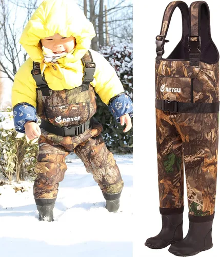 Miniatura 6 de Vadeador de pecho térmico e impermeable de neopreno para niños de 0.197 in con botas de goma, Hoja de arce camuflaje
