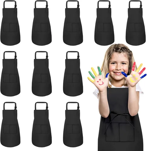 Juego de 12 delantales para niños a granel con 2 bolsillos, delantal de chef de arte ajustable para niños, delantales de pintura para niños para
