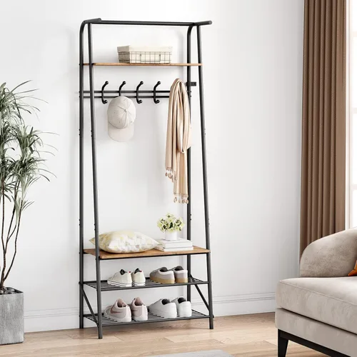 Miniatura 7 de IDEALHOUSE Perchero para zapatos con 5 ganchos, banco de entrada con almacenamiento, muebles decorativos de aspecto de madera con marco de metal