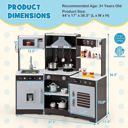 Miniatura 6 de Costzon Juego de cocina esquinera para niños, juego de cocina de juguete de madera con campana extractora de luces y sonidos, máquina de hielo