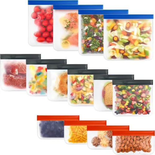 Miniatura 12 de Paquete de 10 bolsas extra gruesas de silicona reutilizables para almacenamiento de alimentos, 3 pequeñas, 4 medianas, 3 bolsas grandes con cierre