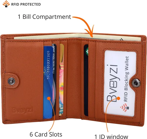 Miniatura 3 de Bveyzi Cartera ultra delgada RFID para mujer, cartera de cuero pequeña y delgada con bolsillo doble para damas