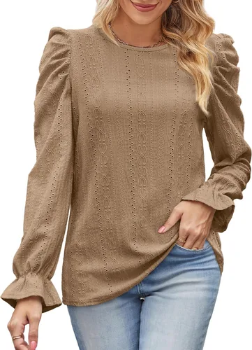 Miniatura 2 de WIHOLL Puff Sleeve Tops for Women Crewneck Eyelet Tunic Shirts Fall Clothes
