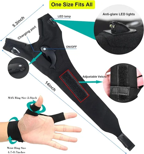 Miniatura 7 de HikooLSS Linterna LED recargable impermeable con guantes, correa ajustable, talla única para todos, Negra Geniales luces de dedo, regalos del día